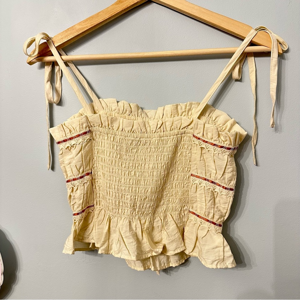 Thirty Thirty LA Cropped Babydoll Top Size XS Boho Tie Bow Festival Hippie Lace - Picture 2 of 6